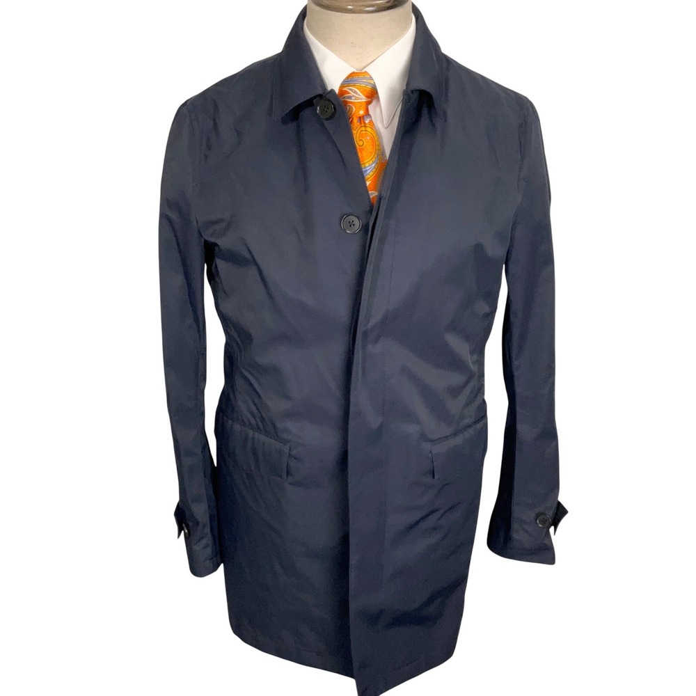 Banana Republic Mac Rain Coat Mens Small Navy Blue Wool Liner Short Trench